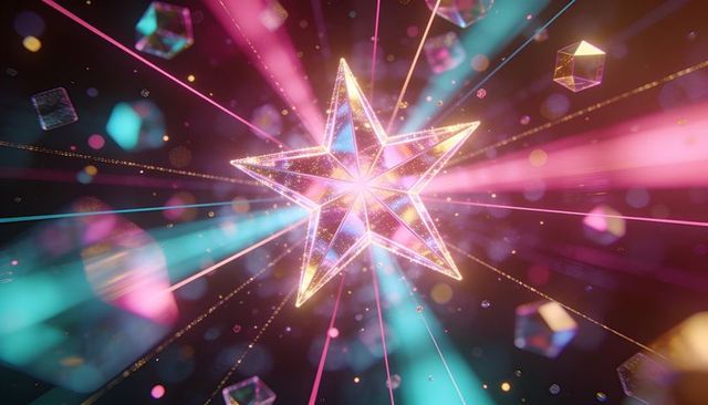 Glowing crystalline five-pointed star radiating magenta and cyan light beams prismatic neon