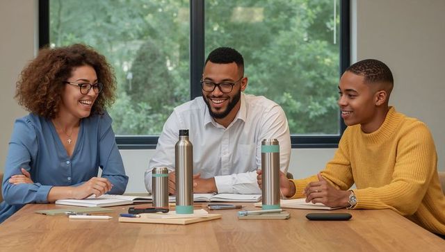 Smiling diverse team collaborating around meeting table with teal stainless water bottles