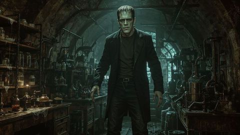 Frankenstein's Monster in Dark Gothic Lab with Scientific Gear