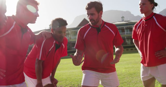 Team Huddle of Multiethnic Male Rugby Players Strategizing Outdoors - Download Free Stock Images Pikwizard.com