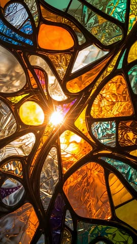 Vertical video capturing sunburst through colorful stained glass with textured ripples