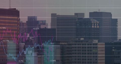 Urban skyline blending stock market charts with data overlay for finance and technology