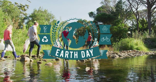 Image of earth day text over walking group of volunteers. earth day and celebration concept digitally generated image.
