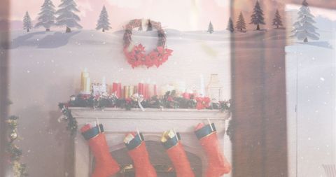 Festive Christmas Fireplace with Stockings and Snowy Overlay