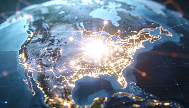Global connectivity hub radiating from north america on glowing nighttime earth globe