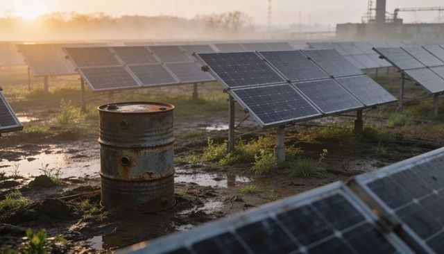 Rusted Steel Drum Sitting Amid Solar Panels on Muddy Solar Farm at Sunrise Mist Reflection
