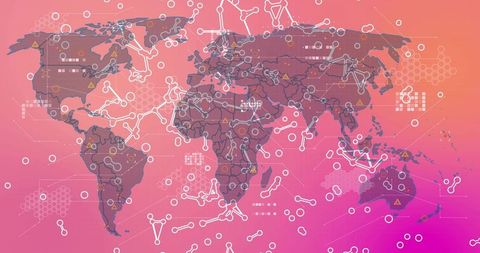 Global Network Infographic World Map with Nodes, Warning Icons and Futuristic Gradient