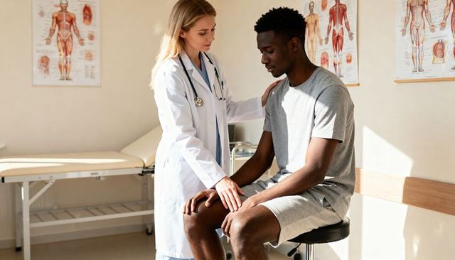 Female clinician comforting young black male patient while examining knee in clinic room
