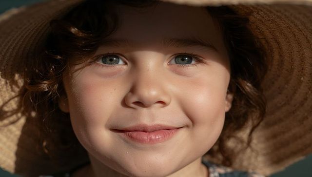 Sunlit smiling child in wide-brim straw hat closeup portrait with freckles, curly hair