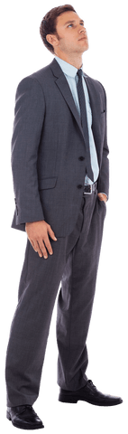 Transparent Businessman in Suit Holding Gaze Upward with Hand in Pocket