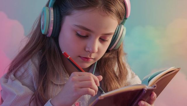 Focused child wearing headphones and writing in journal