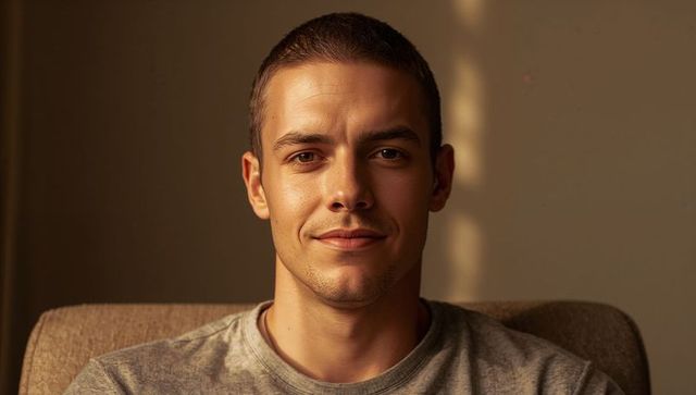 Calm Young Man Portrait with Warm Vertical Light, Minimalist Neutral Mood for Branding