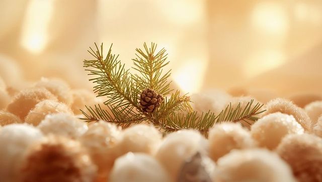 Evergreen Sprig with Pine Cone on Soft Cream Baubles and Warm Golden Bokeh