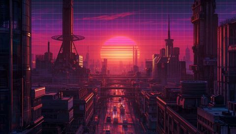 Neon metropolis skyline glowing at dusk with scanline sun and converging avenue