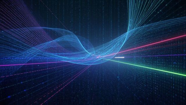 Futuristic Neon Light Streams in Digital Cyberspace Tunnel