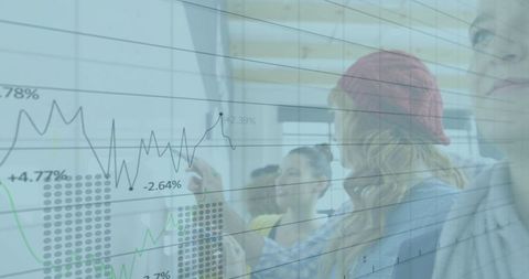 Collaborative Team Analyzing Financial Data on Glass Board