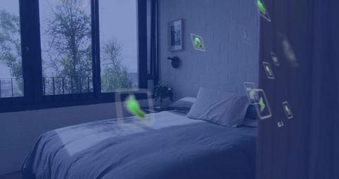 Modern minimalist bedroom featuring augmented reality icons floating over bed