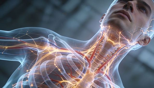 3d medical visualization highlighting cervical spine and glowing nerves in torso