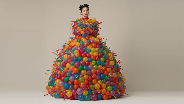 Model wearing sculptural multicolor balloon gown for fashion editorial and party campaign