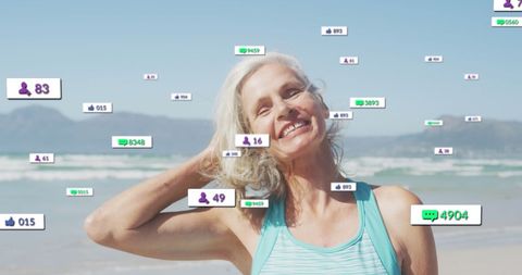 Senior Woman Smiling at Beach with Social Media Notifications Overlay