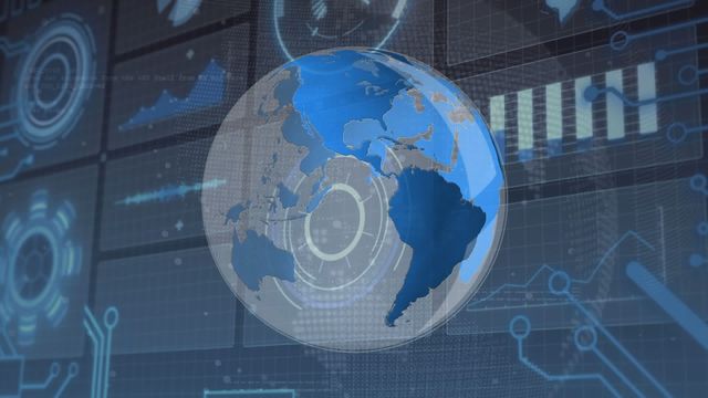 Visual displaying rotating globe surrounded by digital elements and data graphics signifies global networking and continuous data exchange. Ideal for illustrating technology advantages, information networks, and business growth potential in digital transformations.