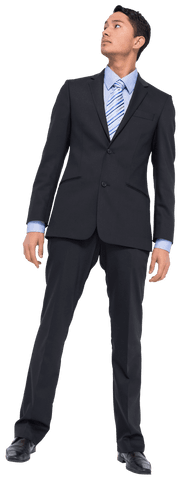 Insecure Asian Businessman Looking Up on Transparent Background