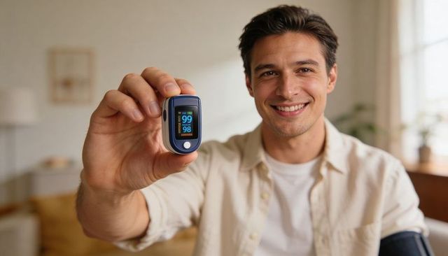 Smiling man holding pulse oximeter showing oxygen saturation and heart rate in cozy home