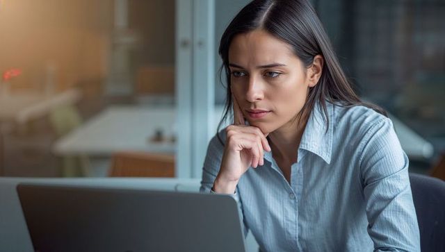 Focused young professional studying laptop while leaning on hand in bright modern glass office