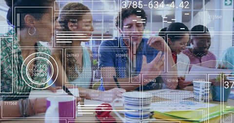 Diverse Team Collaborating with Futuristic Data Interface Overlay