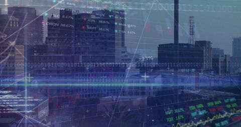 City Skyline with Overlay of Financial Data and Analytics