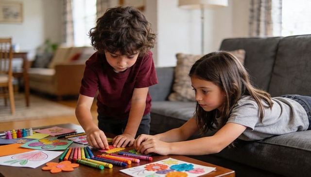 Siblings creating colorful crafts on living room table, coloring with crayons and paper flowers