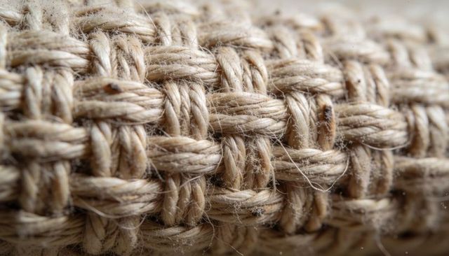 Braided jute rope revealing natural fibers and coarse woven texture in macro detail