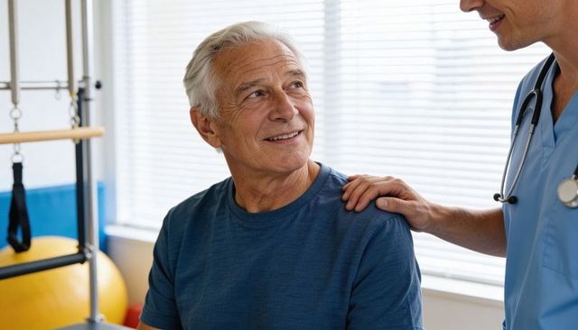 Senior man receiving rehabilitation care from compassionate clinician in therapy clinic