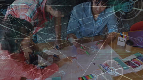 Collaborative Teamwork in Modern Office Setting with Digital Network Overlay