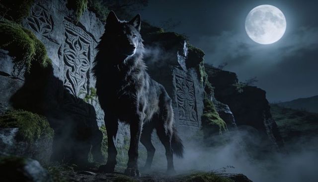 Large dark wolf standing on misty stone ruins under full moon with carved reliefs