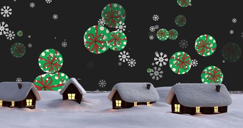 Snowy Cottages Under Christmas Night Sky with Festive Gift Projections