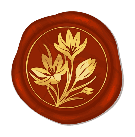 Red wax seal with golden floral motif on transparent background
