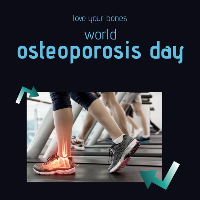 Composition of world osteoporosis day text with diverse people on treadmill on black background. World osteoporosis day and celebration concept digitally generated image.