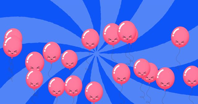 Pink balloons with cute facial expressions hover against a whimsical blue spiral background. This colorful and cheerful illustration is perfect for themes related to parties, celebrations, or children's events. It can also be used in visuals promoting joyful atmospheres or friendly and fun occasions.