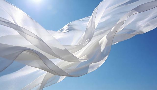 Billowing sheer white fabric drifting across clear blue sky airy minimal background