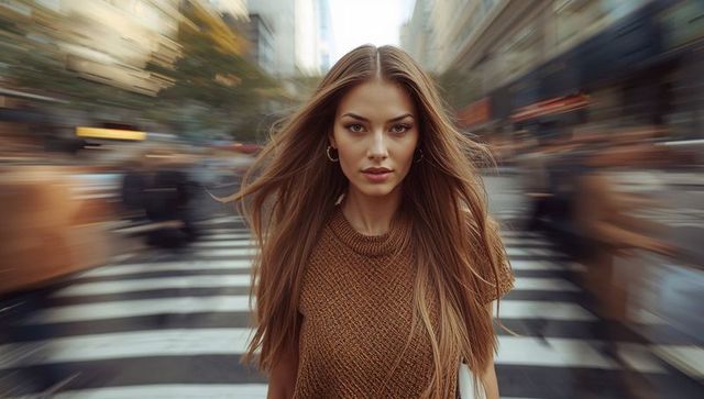 Confident young woman walking through busy urban crosswalk with motion blur street style