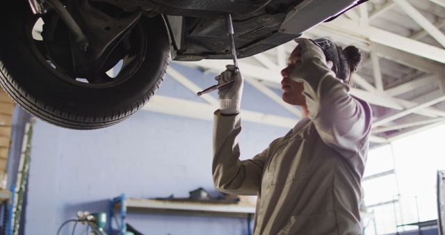 Female Mechanic Working on Car Undercarriage in Garage - Download Free Stock Images Pikwizard.com