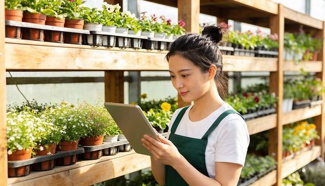 Nursery worker checking plant inventory on tablet in sunlit greenhouse aisle with potted flowers