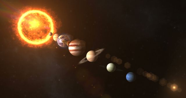 Detailed illustration of the solar system with planets aligned in relation to the sun. Suitable for educational content, science presentations, astronomy projects, and space-related articles. Ideal for visual learning aids, textbooks, and space-themed illustrations.