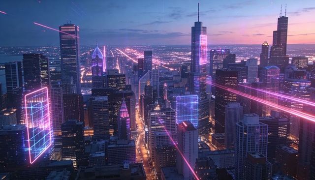 Neon Cyberpunk City Skyline at Dusk with Holographic Panels and Magenta-Cyan Light Trails