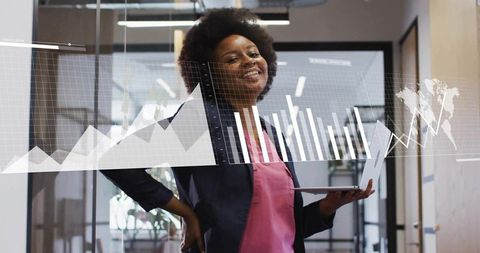 Black businesswoman presenting augmented data analytics on transparent charts in office