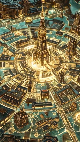 Rotating camera over golden spire unfolding concentric plaza rings in cyberpunk city vertical video