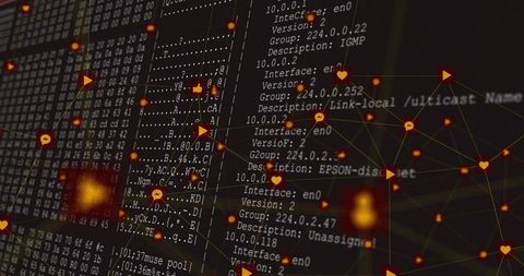 Network diagnostics visualization revealing pulsing nodes over hexdump console overlay