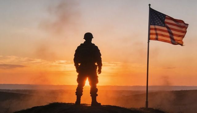 Soldier Standing Silhouetted at Sunset beside American Flag on Windswept Hilltop Ridge