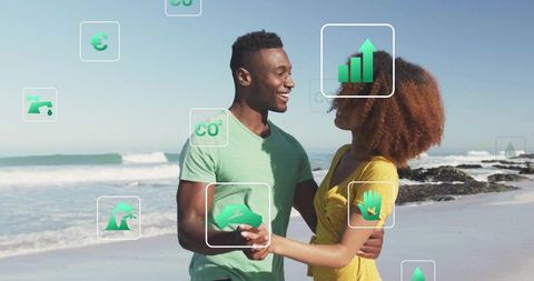 Happy couple embracing sustainable future on beach